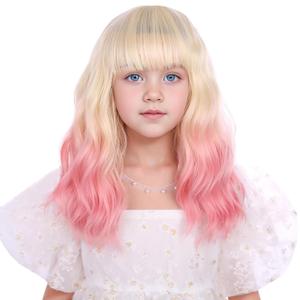 Blonde Ombre Pink Wig for Children Short Blonde Pink Wig with Air Bangs for Kids Girls Short Light Blonde Wavy Curly Wig Heat Resistant Synthetic Wig with Wig Cap, About 19.5 Inches with Adjustable Straps