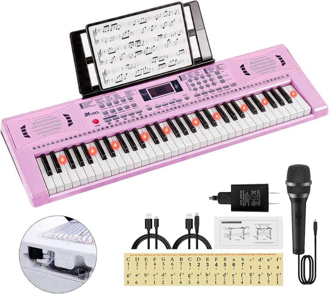 Keyboard Piano 61 Lighted Keys, Electric Keyboard Kit with 100 Voices, 100 Rhythms - Built-In Speaker, Microphone, Sheet Stand and Power Supply, Gift for Children Beginners [Pink, Piano Only], Compact
