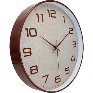 Woodgrain Wall Clock, Silent Non-Ticking Battery Operated Clock 10 Inch, Large Easy-to-Read Number Linen Texture Face Modern Analog Clocks for Living Room Bedroom Kitchen Office Gym, Brown (Mocha Brown White)