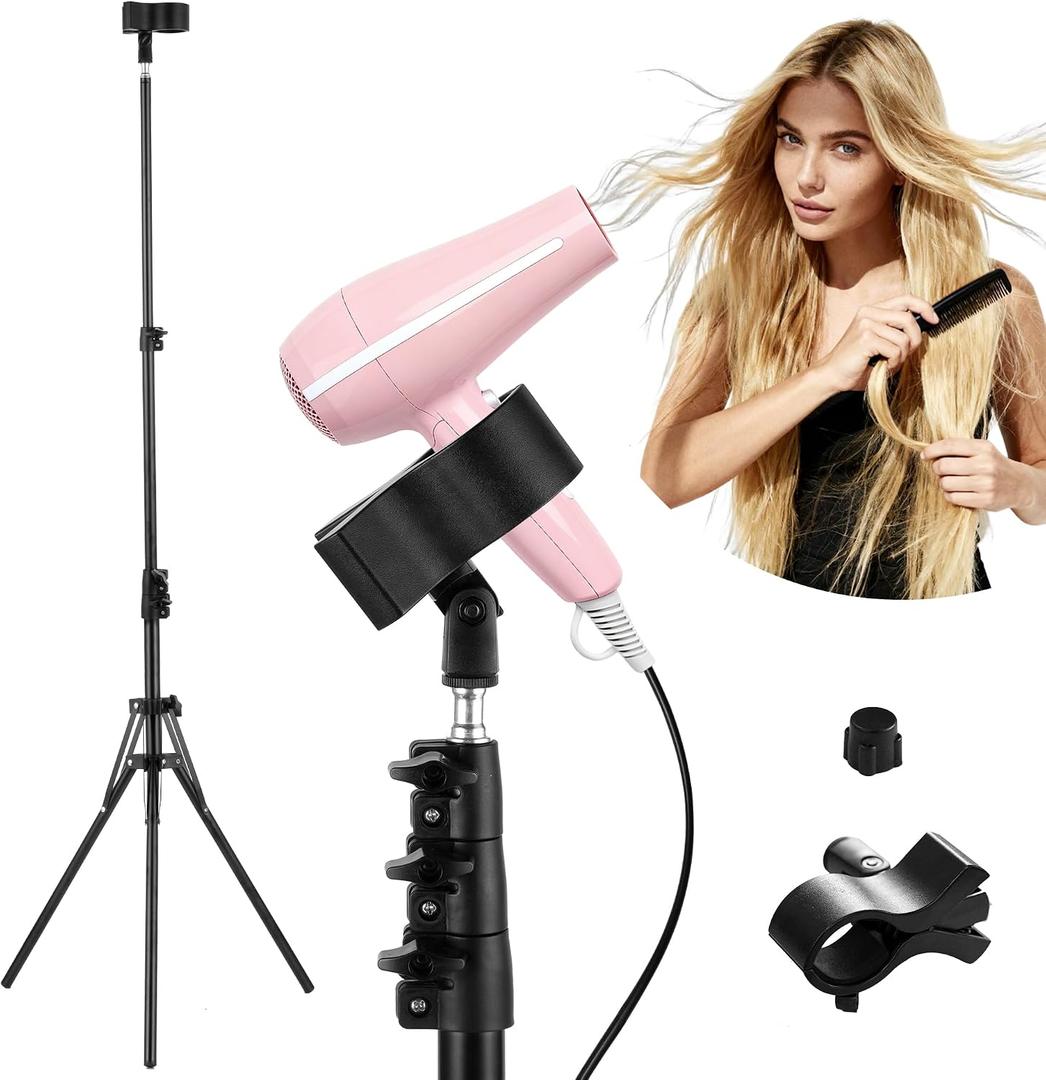 Hands-Free Hair Dryer Stand for Home Blow Drying, DIY Styling, Salon&Live Streaming Ideal for Long Hair Women Busy Moms People with Arm Shoulder Pain 36-76 Inch Adjustable Height Tripod, 360 Rotation