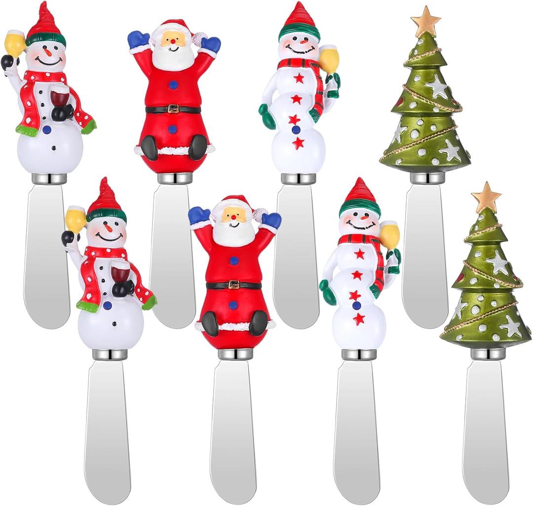 Lasnten 8 Pcs Christmas Cheese Butter Spreader Knife Cheese and Butter Spreader Knives Christmas Tree Snowman Santa Claus Hand Painted Resin Handle with Stainless Steel Blade Cheese Spreader Set