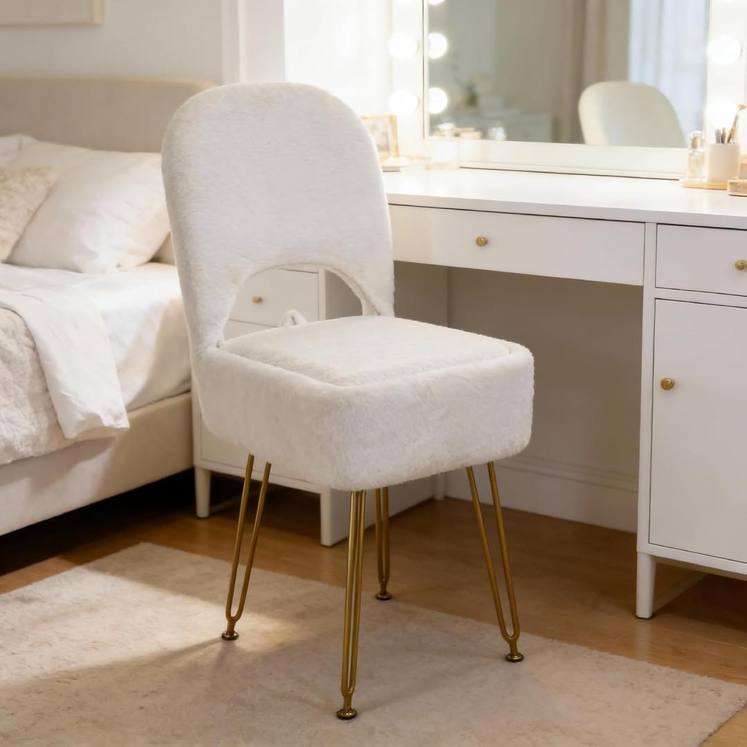 ACEQLYT New Upgrade Small Vanity Chair with Storage and Folding Back, White Vanity Stool wiht Ergonomic Backrest and Metal Legs, Furry Padded Ottoman for Makeup Room, Bedroom