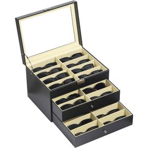 AUTOARK Leather 24 Piece Eyeglasses Storage and Sunglass Glasses Display Drawer Lockable Case Organizer, Black, AW-095