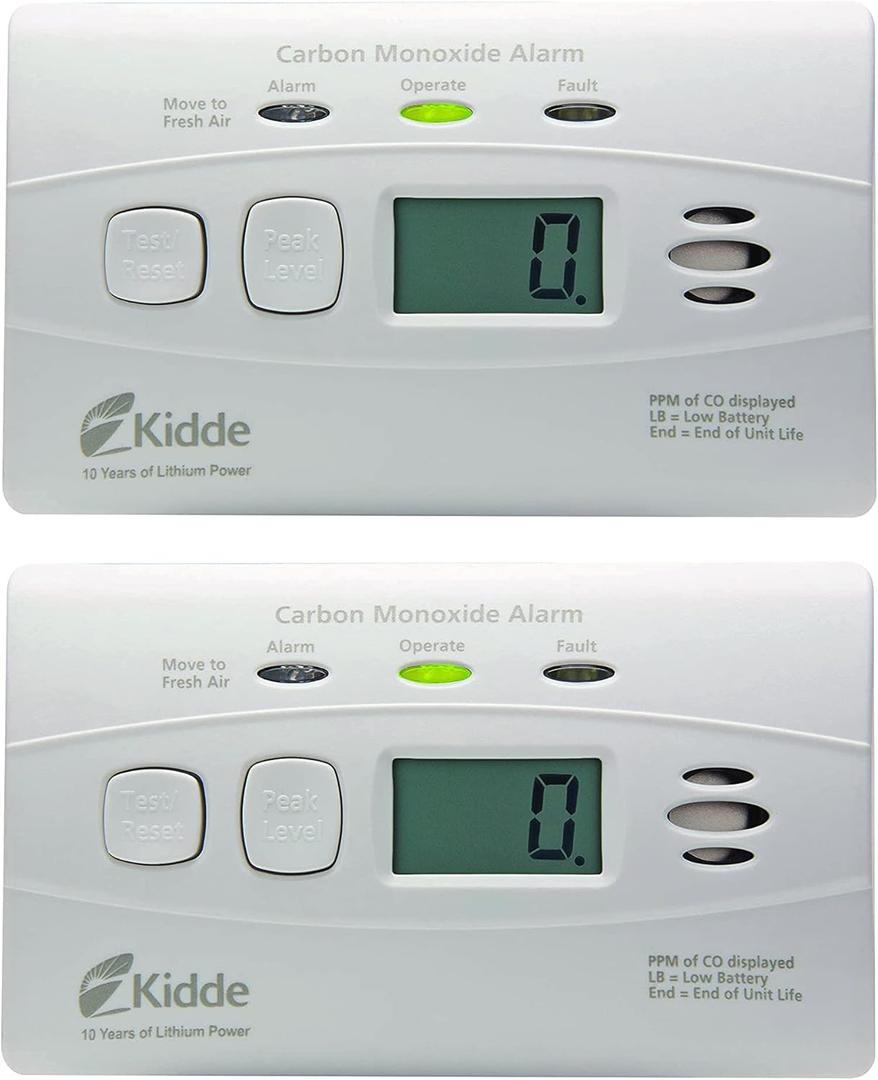 Kidde Carbon Monoxide Detector with 10-Year Battery, Digital Display, 3 LEDs, Replacement Indicator, Peak Level Memory, 2 Pack