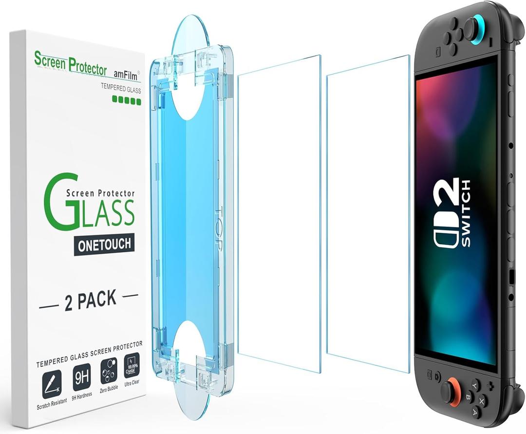 amFilm Auto-Alignment OneTouch for Nintendo Switch 2 Screen Protector [7.9''] 2025 Tempered Glass, Accessories, 30 seconds Installation, Bubble Free, Anti-Scratch, Touch Sensitive, Ultra-Clear [2Pack]
