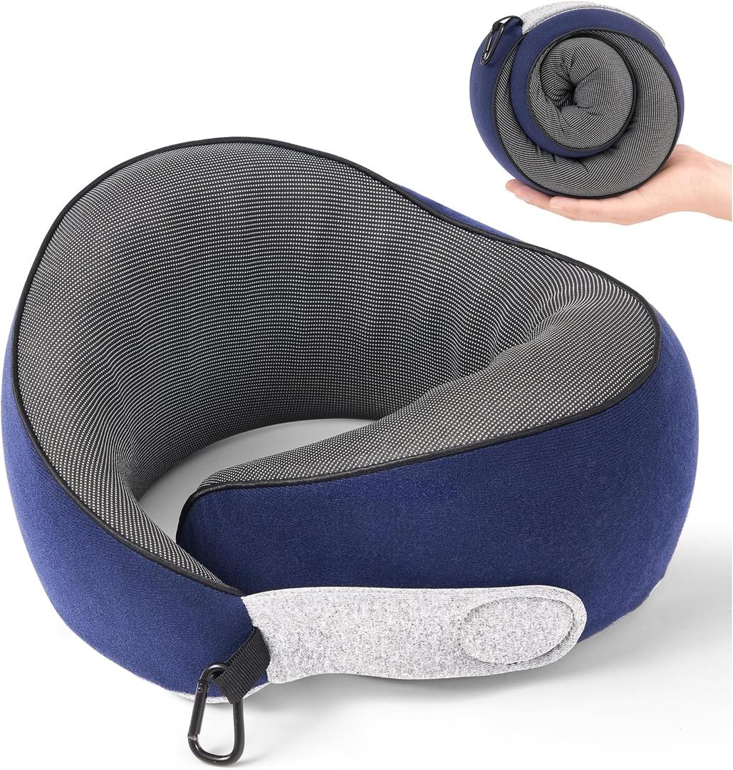 KPNEOL Travel Pillow, 100% Pure Memory Foam Travel Neck Pillow Airplane Neck Support Ergonomic Design for Traveling Suitable for Airplanes,Offices and Cars-Navy Blue