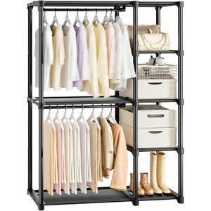 Mavivegue 4-Tier Portable Closet with Shelves & Hanging Rod - Portable Wardrobe Closet for Bedroom, Closet, Dorm - Easy Assembly Clothing Rack with Shelves for Clothes, Shoes, Accessories, Black (16"D x 48"W x 64"H)