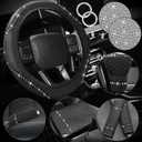 Sinmoe 10 Pcs Bling Car Accessories Set for Women Rhinestones Leather Accessories Steering Wheel Cover Armrest Gear Shift and Seat Belt and Handbrake Cover Cup Pads Start Button Ring(Black