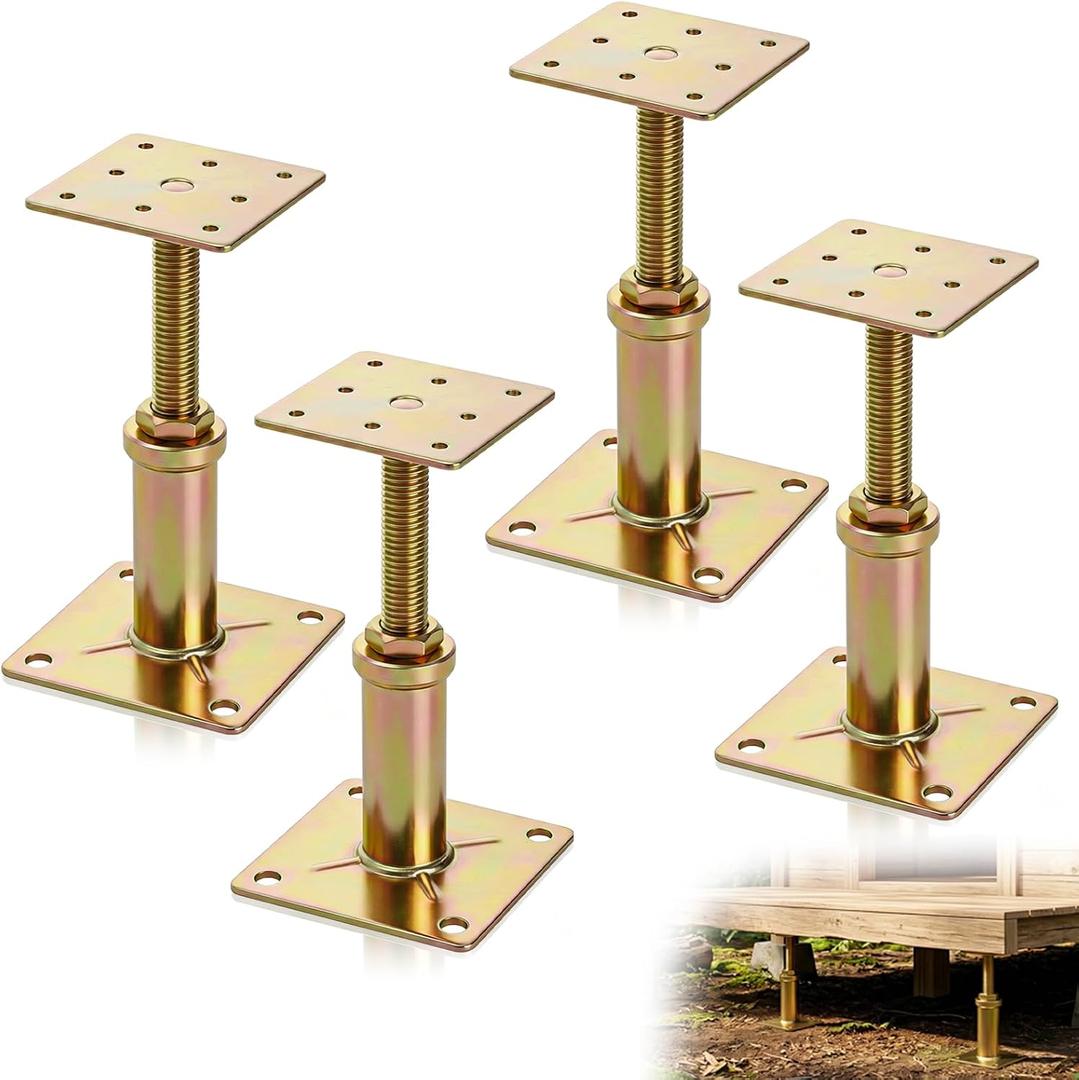 Goaste 4 Pack Adjustable House Floor Jacks, Square Steel Screw Jack Post, Galvanized Golden Joist Support Jacks for House Foundation, 4" to 7" Height, 4400-6600 LBS for Leveling Lifting Deck Basement