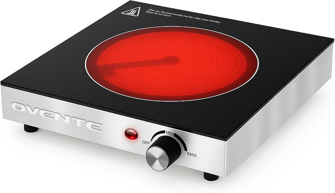 OVENTE Infrared Ceramic Single Burner, 1200W Electric Countertop Hot Plate with Black Crystalline Glass, Portable Stainless Steel Cooktop for Home, Office, or Dorm Use, Black BGI301GB