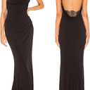 Aigeman Women Spaghetti Straps Mermaid Evening Gown Wedding Guest Dress Drape Neck Lace Backless Formal Maxi Dress 21 (Medium, Black)