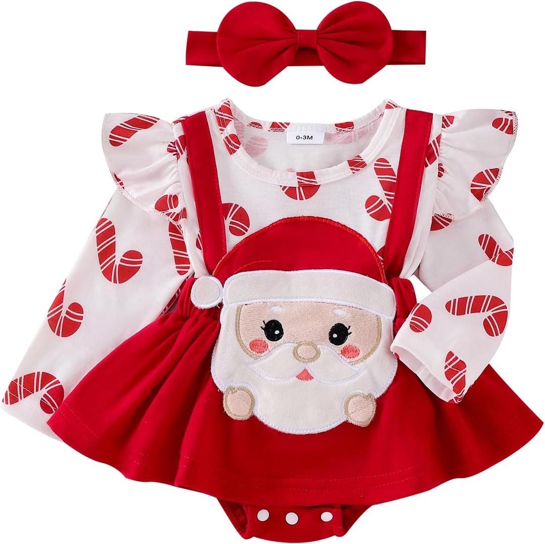 Newborn Baby Girl Clothes Long Sleeve Romper Onesie Toddler Infant Dress Fall Winter Outfit (12-18 Months, A Red Santa)