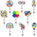 9Pcs Autism Awareness Month Badge Reel, Glitter Puzzle Acrylic Retractable Nursing Badge Clip, Rainbow Be Kind ID Card Name Tag Holder Office Alligator Clip Accessories for Doctor Nurse Student