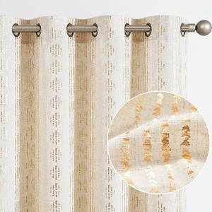 Jinchan Boho Linen Blend Curtains - Gold Foil Print Farmhouse 96 Inch 2 Panel Geometric Striped Mudcloth Light Filtering Bedroom Curtains (50"W x 96"L (Pack of 2))
