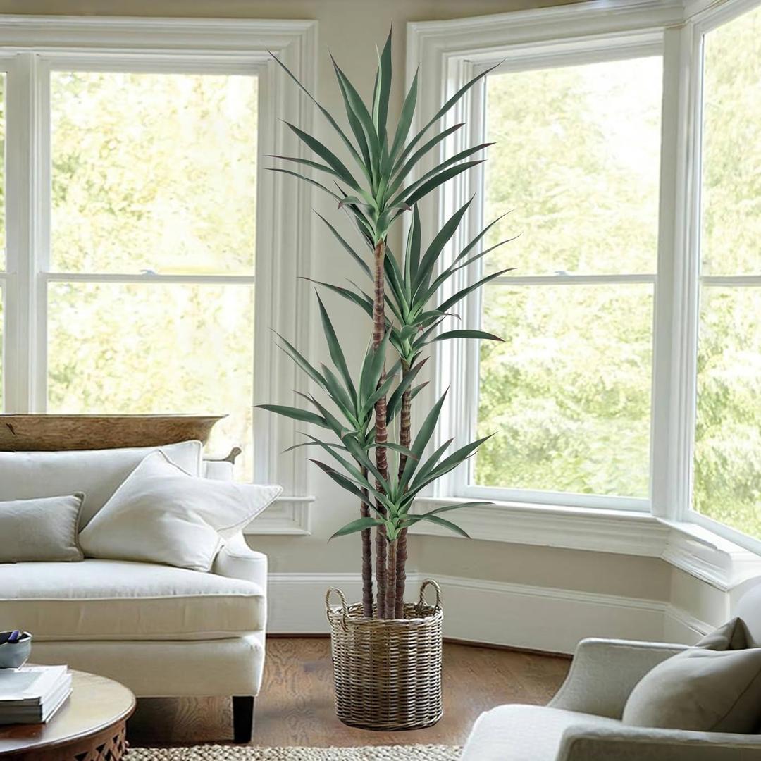 Artificial Agave Plant 6FT with 60 Leaves & 4 Trunks & Elegant Black Pot Faux Tall Floor Fake Large Modern Tree 70 Inch for Home Office Indoor Outdoor Decor Housewarming Gift (6FT, 1Pack)