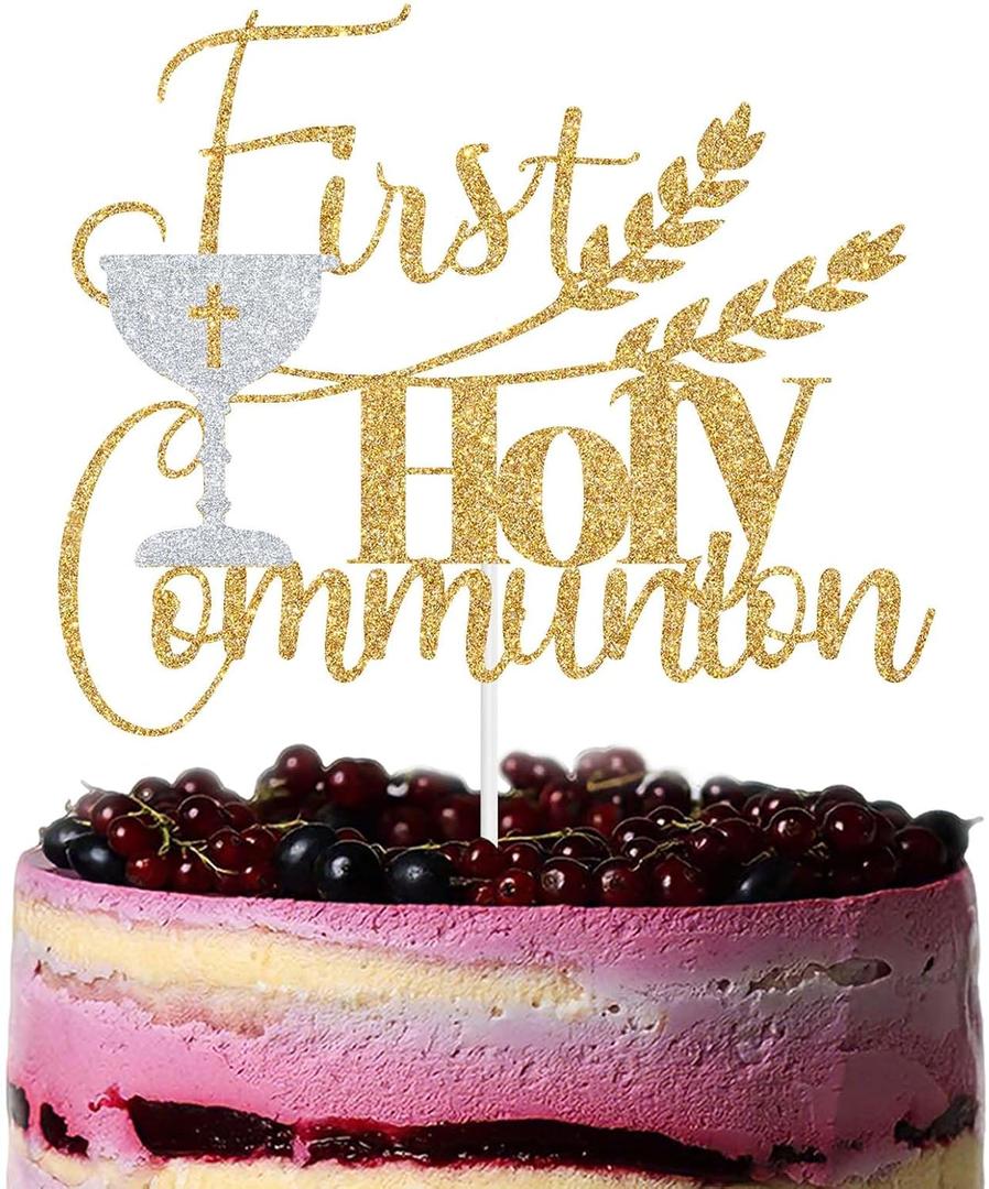 2 x First Holy Communion Cake Topper, My Baptism Cake Decor, Baby Shower/Christening Party Decorations, Spanish Wedding/Bridal Shower Decorations Glod & Silver Glitter