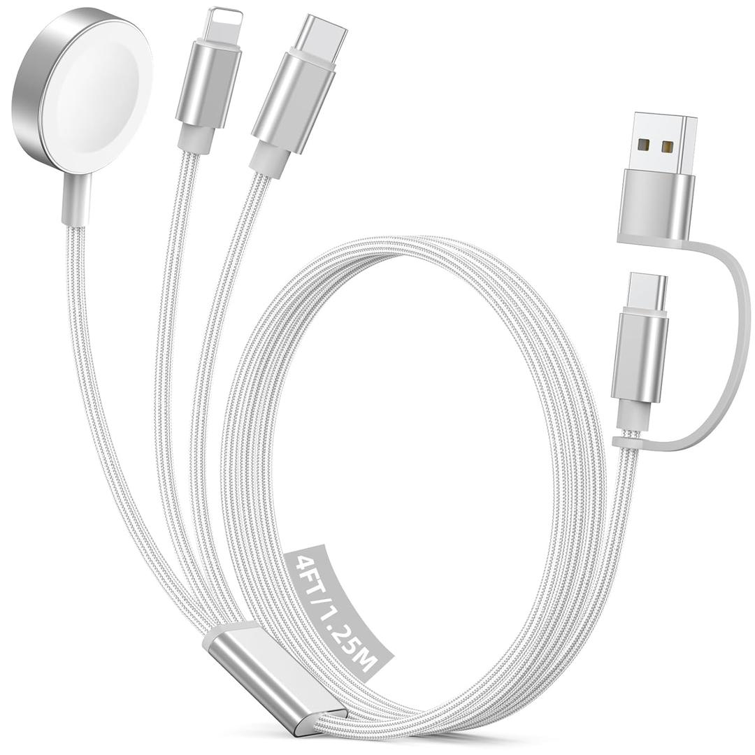 Travel Essentials for Apple Watch Charger,iPhone Charger,3 in 2 Type C/L/Magnetic Fast Charging Cable,Multi Charging Cable Portable Designed for iWatch Series,iPhone 17-11,Galaxy S26-S21,Car-White (4FT)