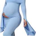 JustVH Women's Maternity Long Sleeve Off Shoulder Pregnancy Photography Dress for Baby Shower Photoshoot Party (Medium, Blue)