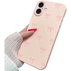 Case for iPhone 16 Plus, Cute Ribbon Bow Pattern Aesthetic Gloss Phone Case, Raised Lens Edge Protection, Stylish Slim Soft TPU Protective Cover for iPhone 16 Plus - Pink