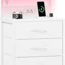 Somdot White Nightstand with Charging Station and LED Lights, Bedside Table Tall Night Stand with 4 Fabric Drawers and Top Shelf for Bedroom Guest Room Dorm Hallway