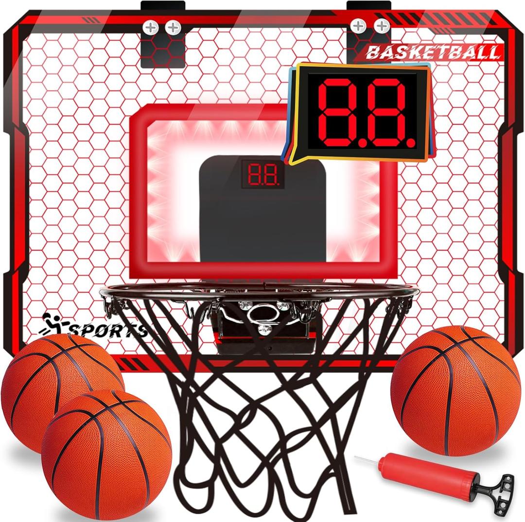 NEUBSAW Basketball Hoop Indoor with LED Lights, Basketball Toys Gifts for 5 6 7 8 9 10+ Year Old Boys Kids, Indoor Over The Door Mini Basketball Hoops with Electronic Scoreboard & 3 Balls (Red)