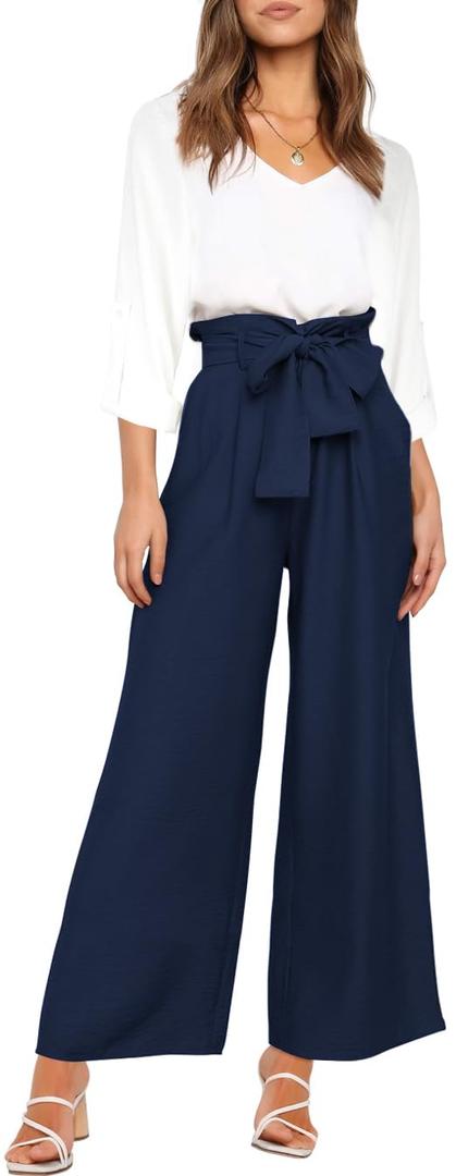FANCYINN Womens 2 Piece Crop Pants Set V Neck Long Sleeves Tops High Waisted Cropped Paper Bag Pants with Belt Navy Blue Pants & White Blouse Top, XL