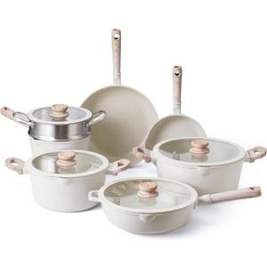 Country Kitchen Non-Stick Cast Aluminum Cookware Set - Durable Kitchen Cookware for Everyday Cooking, Cream Round Handle, 11 Pc.