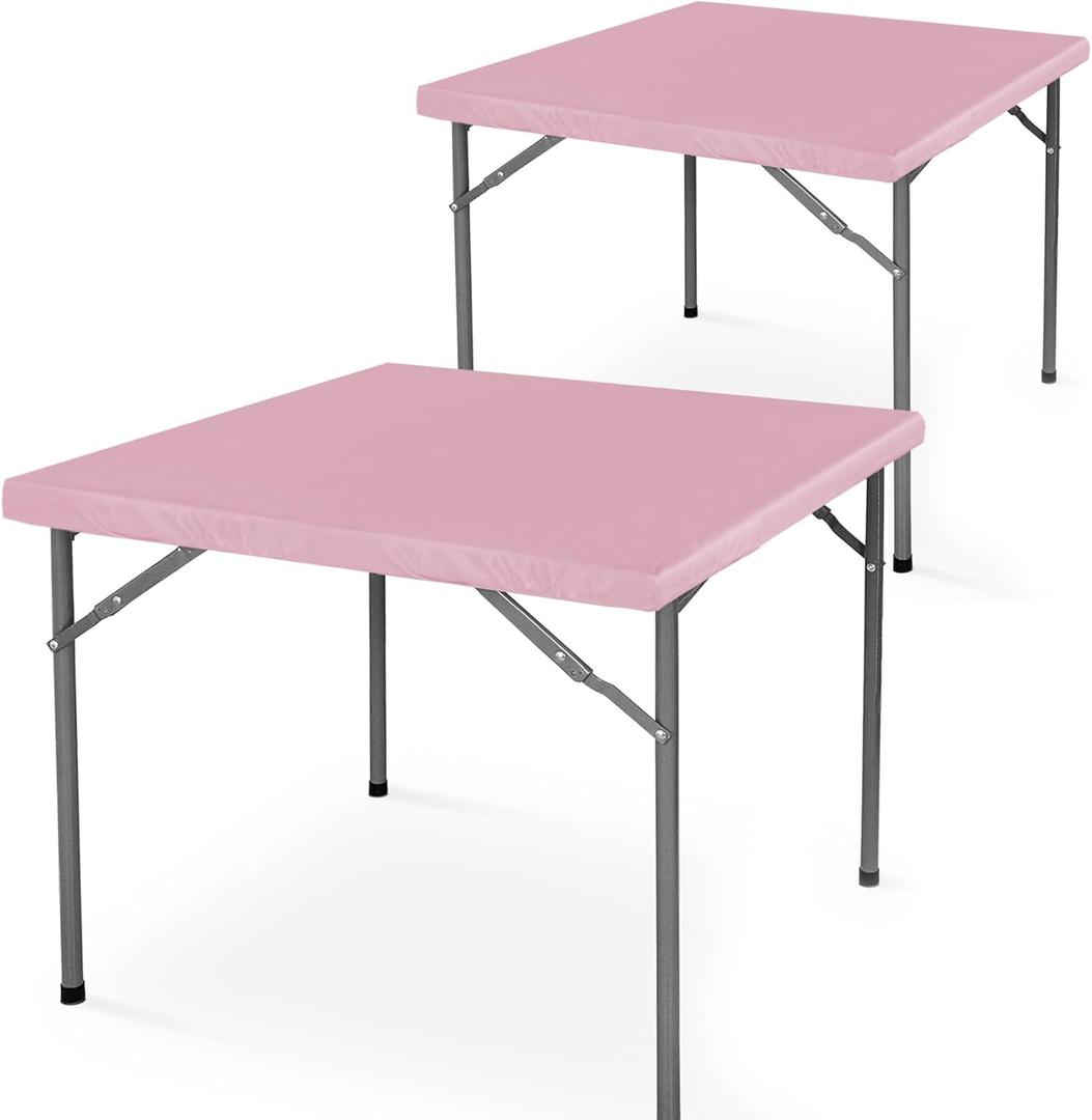 LUSHVIDA 2 Packs Vinyl Card Tablecloth with Flannel Backing 48x48 inch - Waterproof Plastic Picnic Table Cover for Square Folding Table Cloth with Elastic Corners, Pink