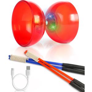 Rechargeable LED Diabolo Toy Set - Lightweight, Durable, with Vibrant Light Effects - Perfect for Beginners and Performers - Complete Kit with Sticks and Spare Strings (Red)