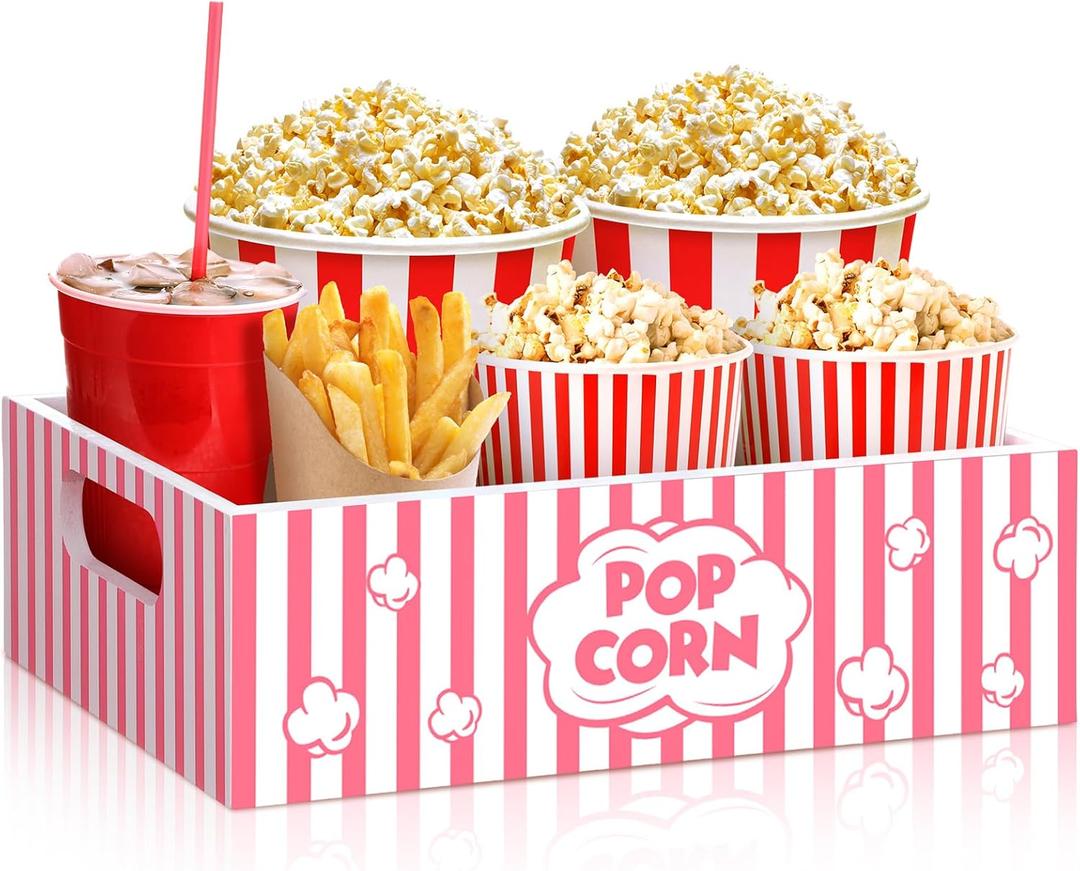 Movie Night Supplies Snack Trays with Handles Reusable Wooden Movie Gift Basket for Theater Popcorn Bucket Bowl Box Container Family Room Decor(Cute)