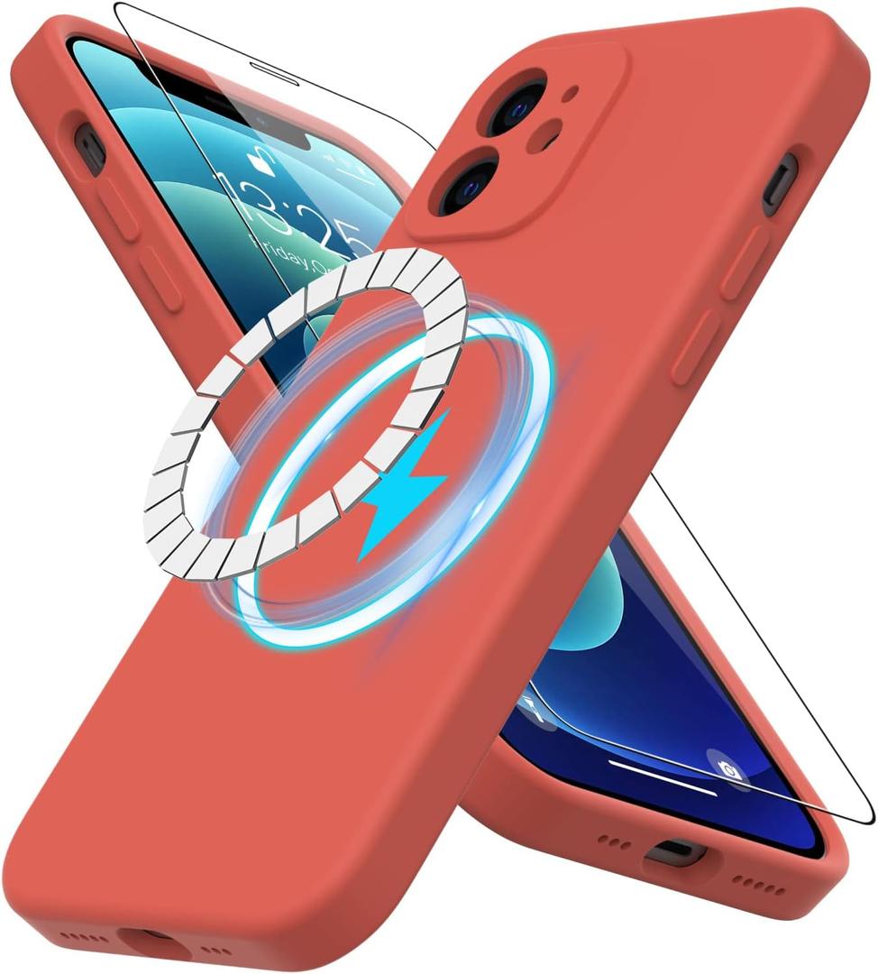 DEENAKIN Magnetic for iPhone 12 Case Silicone with Screen Protector - [Compatible with MagSafe] - Camera Protection - Slim Fit Protective Phone Cover 6.1" for Women Girls -Coral