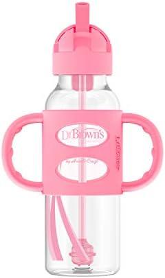 Dr. Brown's Milestones Narrow Sippy Straw Bottle, Spill-Proof with 100% Silicone Handles and Weighted Straw, 8 oz/250 mL, Pink, 6m+