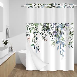 WITHLOC No Hook Shower Curtain with Snap in Liner - Eucalyptus Shower Curtain - Washable Waterproof Inner Liner, Plants Green Leaves Modern Shower Curtains - Machine Washable, 71 x 74