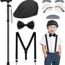 Yanbuny Old Man Costume Accessories with Beret Hat Old Man Glasses Suspender Bow Tie Mustache Eyebrows Cane (Style2)
