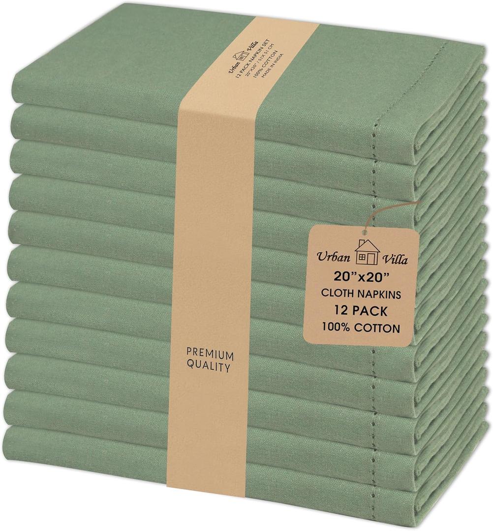 Urban Villa Cloth Napkins Hemstitch Dinner Napkins Set of 12 20X20 100% Cotton Absorbent Washable Durable Reusable Cloth Napkins for Farmhouse Party Hotel Lunch Restaurant Everyday Use - Sage