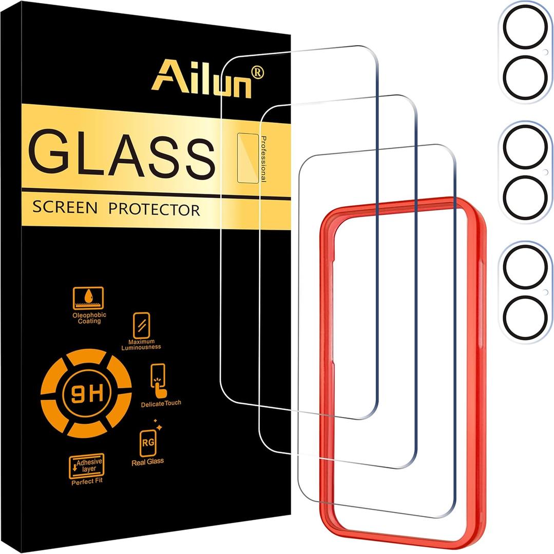 Ailun 3 Pack Screen Protector for iPhone 16 [6.1 inch] + 3 Pack Camera Lens Protector with Installation Frame,Case Friendly Tempered Glass Film,[9H Hardness][Not for iPhone 16e/16 Pro/Plus/Pro Max]