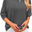 CFLONGE Women's Crewneck Batwing Long Sleeve Shirts Lightweight Knit Ribbed Tops 2024 Loose Blouse Solid Pullover Sweatshirts, XL