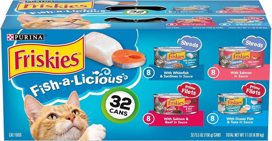Purina Friskies Wet Cat Food Variety Pack Fish-A-Licious Extra Gravy, Prime Filets and Tasty Treasures - (Pack of 32) 5.5 oz. Cans, Best By: 05/2027