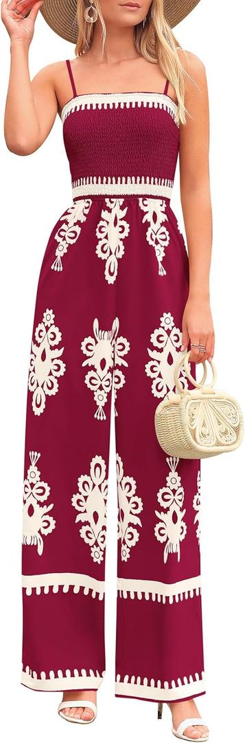 PRETTYGARDEN Women's Summer Boho Jumpsuits One Piece Beach Vacation Outfits Spaghetti Strap Wide Leg Pants Rompers (Wine Red Apricot Floral,XX-Large)