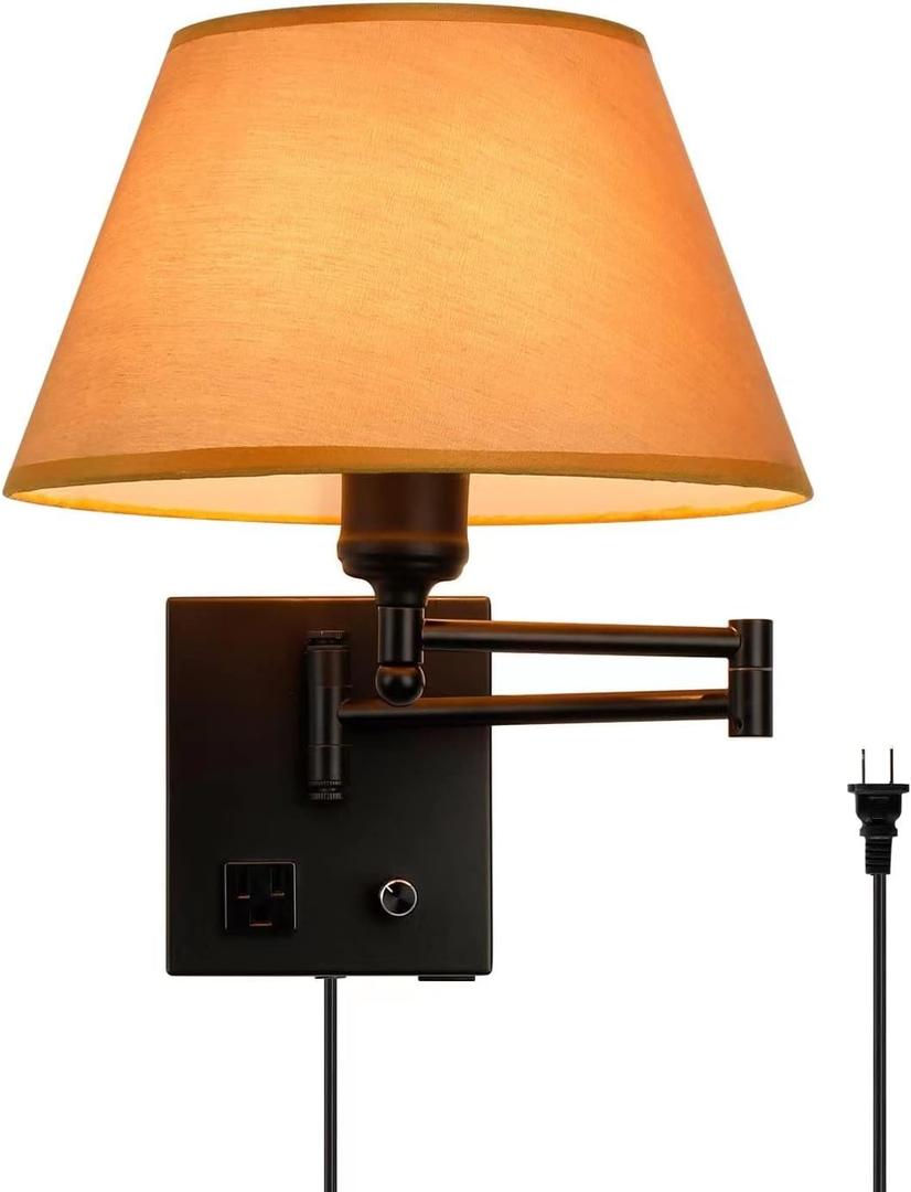 Swing Arm Wall Sconces, Plug-in Wall lamp,Bedroom Wall lamp  White Fabric Shade with dimmable Switch and USB Charging Port,Suitable for Bedside,Living Room,Reading (Black. Gold Shadow)