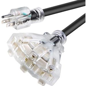 50 FT 12/3 Extension Cord Heavy Duty Black 3-Outlet Indoor/Outdoor SJTW Lighted 12-Gauge Grounded Power Cable,12AWG 15 Amp, 1875 WattsUL ListedSafety