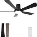 52 Inch Ceiling Fans with Lights and Remote, Flush Mount Black Ceiling Fan, 5 Blades, Dimmable, Reversible Motor, 3-Color Temperatures, 6 Speeds for Bedroom, Living Room, Patio