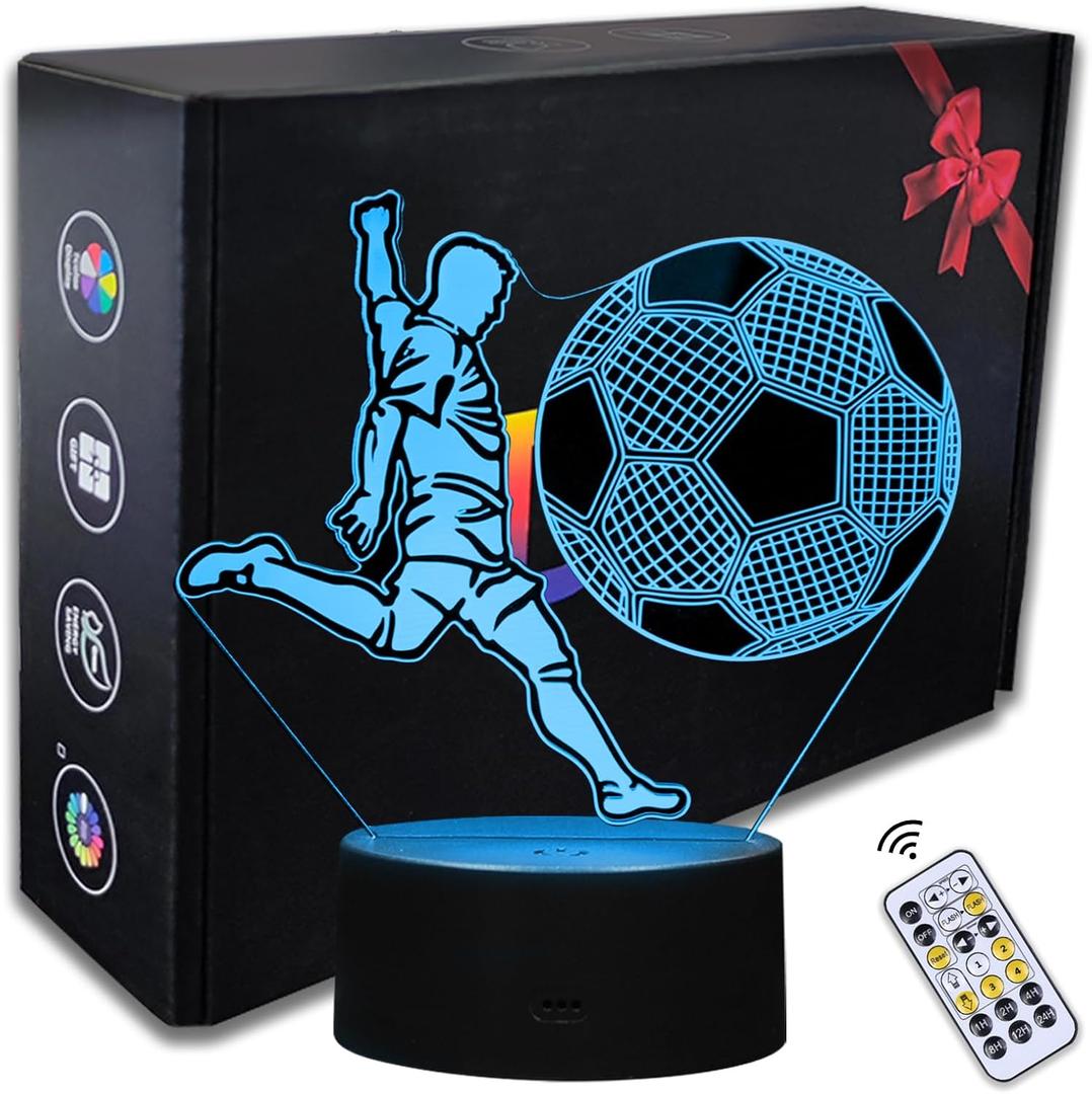 Soccer Night Light, 3D LED Night Lamp for Boys - Football Themed Bedroom Lamps, Optical Illusion Lamp with Remote Control, Perfect for Kids' Room Décor, Cool Gifts for Soccer Lovers (SONL-RW)