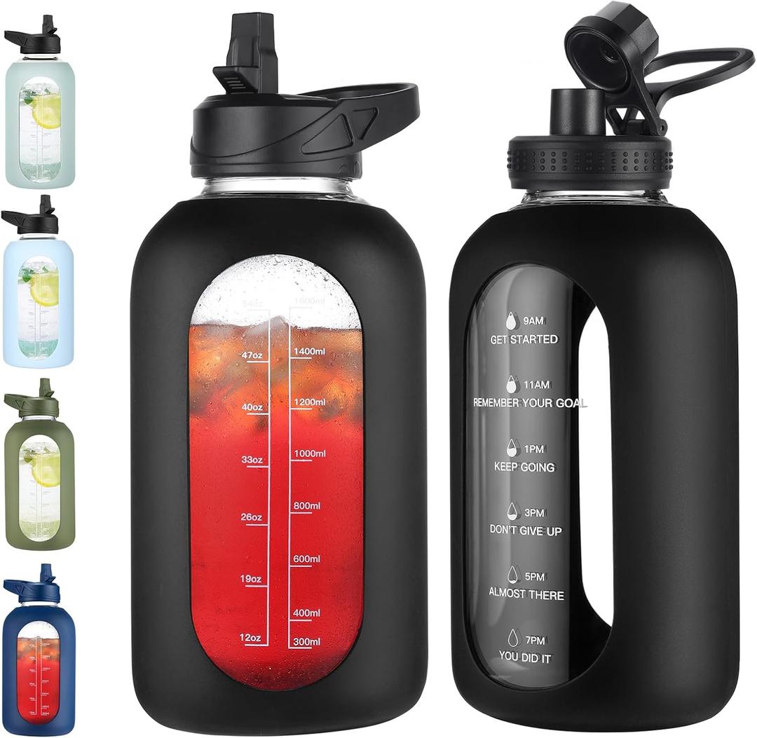 EALGRO 64 oz Glass Water Bottle With Straw and Handle, Half Gallon Sports Motivational Water Jug Flask with Silicone Sleeve, Large Water Cup with Time Marker for Travel, Gym, Black