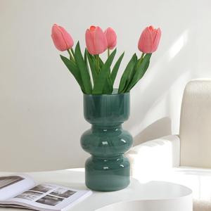 Vintage Teal Green Glass Vase-7 Inch Colored Flower Vase for Home Decor, Office, Weddings, Decorative Modern Bubble Flower Vases for Centerpieces, Bouquet, Table Decor, Living Room, Kitchen