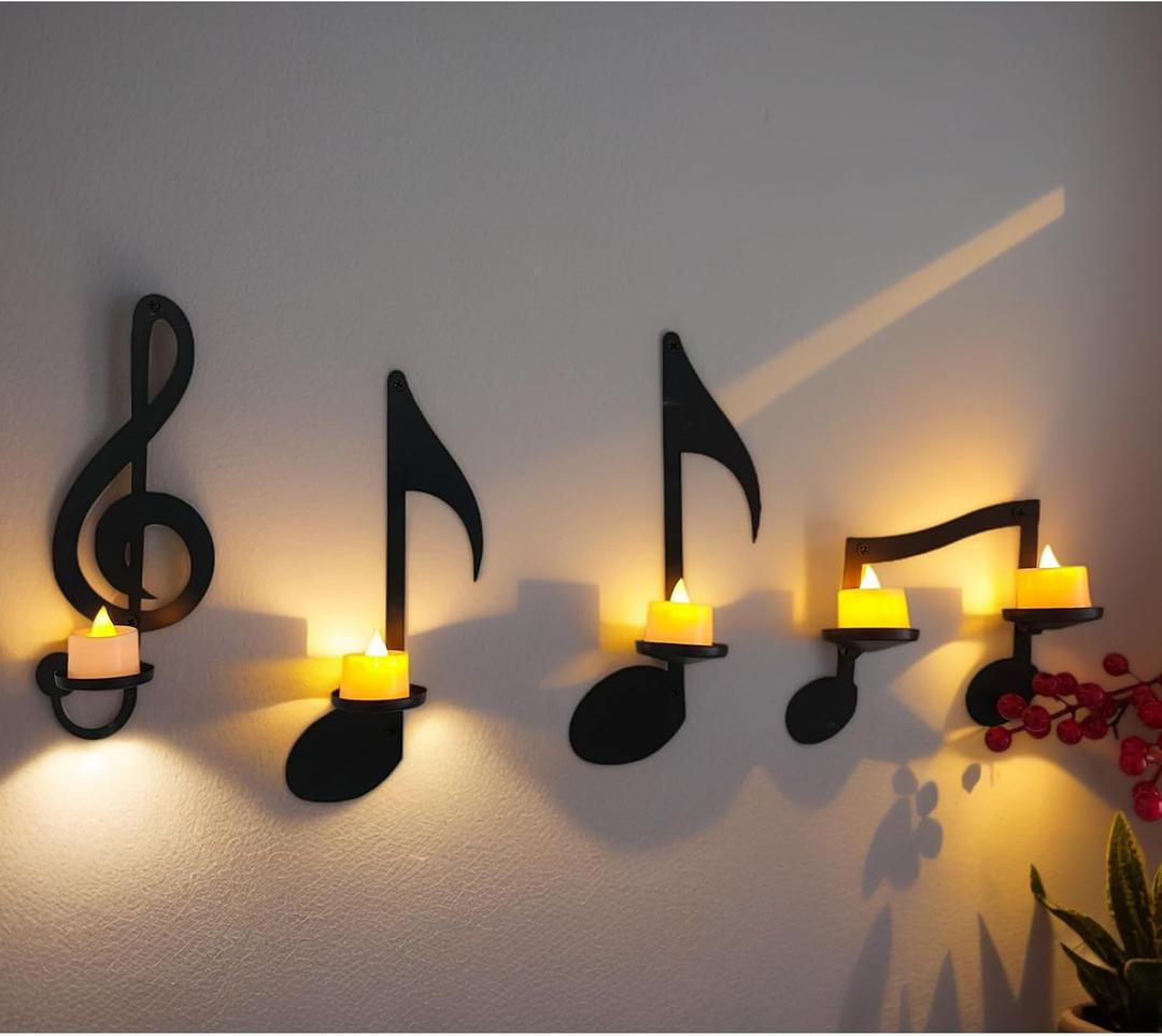 4P Black Music Note Candle Sconces Set Wall Mounted Candle Holders with Foldable Trays for Tea Lights,Decorative Wall Art for Music Room, Ideal Gift for Musical Lovers