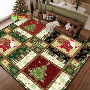 6' x 9' Christmas Area Rug for Living Room Plaid Floor Mat Indoor Santa Claus Doormat Christmas Tree Carpet Dining Room Bedroom Laundry