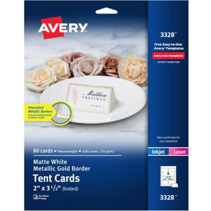 Avery Printable Tent Cards, 2" x 3.5", White, Metallic Gold Borders, Laser/Inkjet, 80 Blank Place Cards (3328)