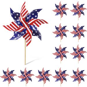 Wind Spinners Outdoor, 12Pcs American Flag Patriotic Pinwheels Red White and Blue Decorations, Garden Wind Spinners Patriotic Outdoor Decor Windmills for Yard Garden, Party Supplies, Memorial Day