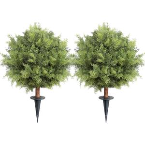 24inch Artificial Ceder Topiary Tree, Artificial Shrubs for Outdoors with Ground Spike, Faux Outdoor Shrubs Potted, Hold Nature Fake Bushes for Front Porch (Set of 2)
